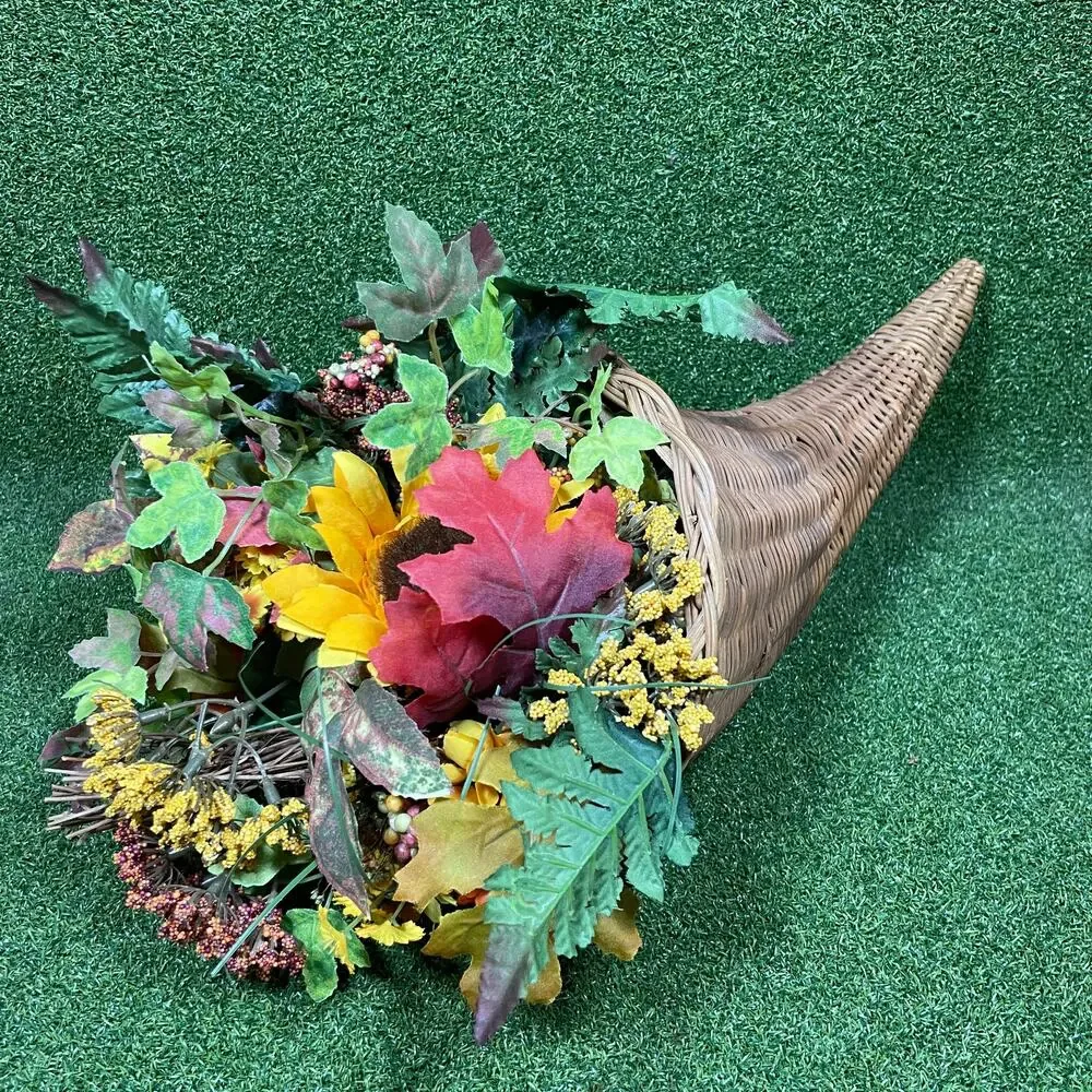 Cornucopia Decorative Autumn Fall Thanksgiving Horn Faux Silk Flowers